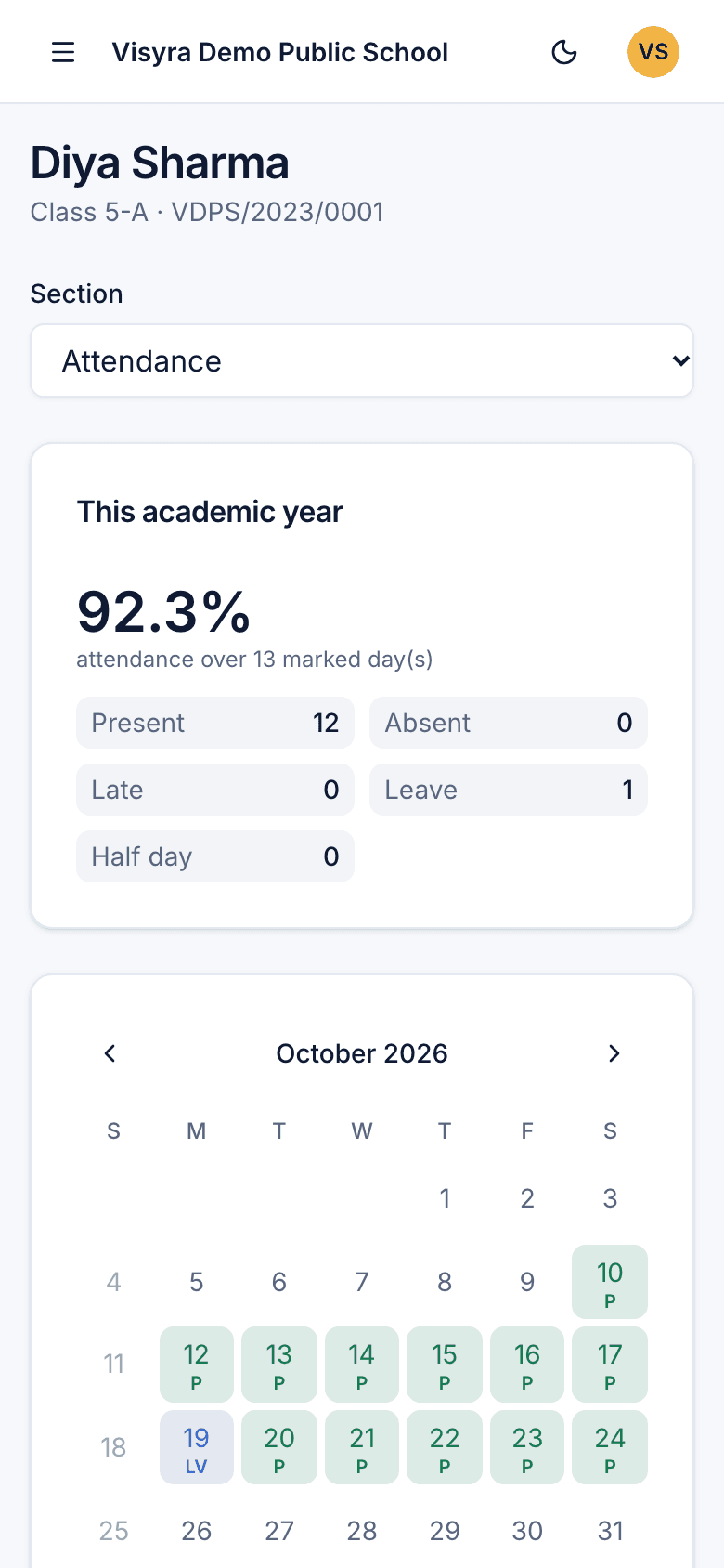 A child's attendance calendar for October with present, late and half-day marks
