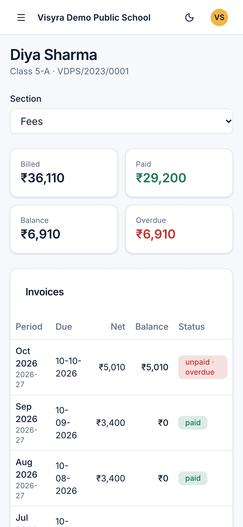 A child's fee summary and invoices as a parent sees them