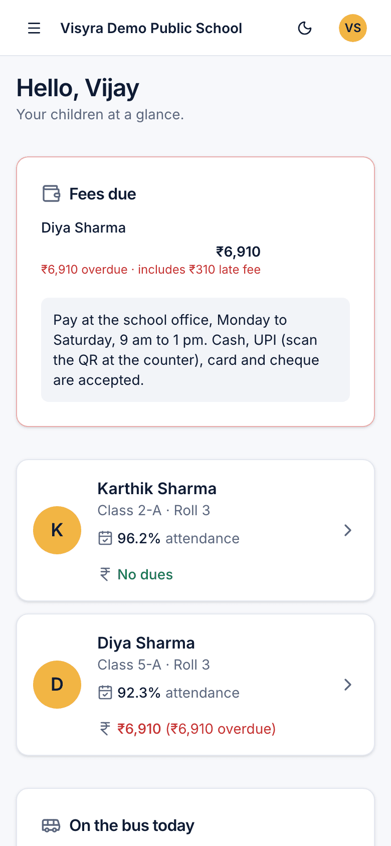 Parent home screen listing two children with attendance percentage and dues