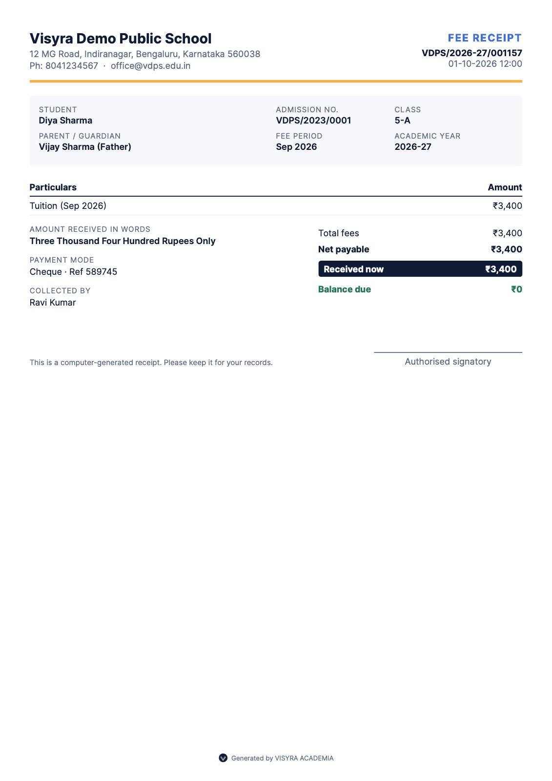 A fee receipt PDF with the school letterhead, receipt number, fee items, amount in words, payment mode and balance due